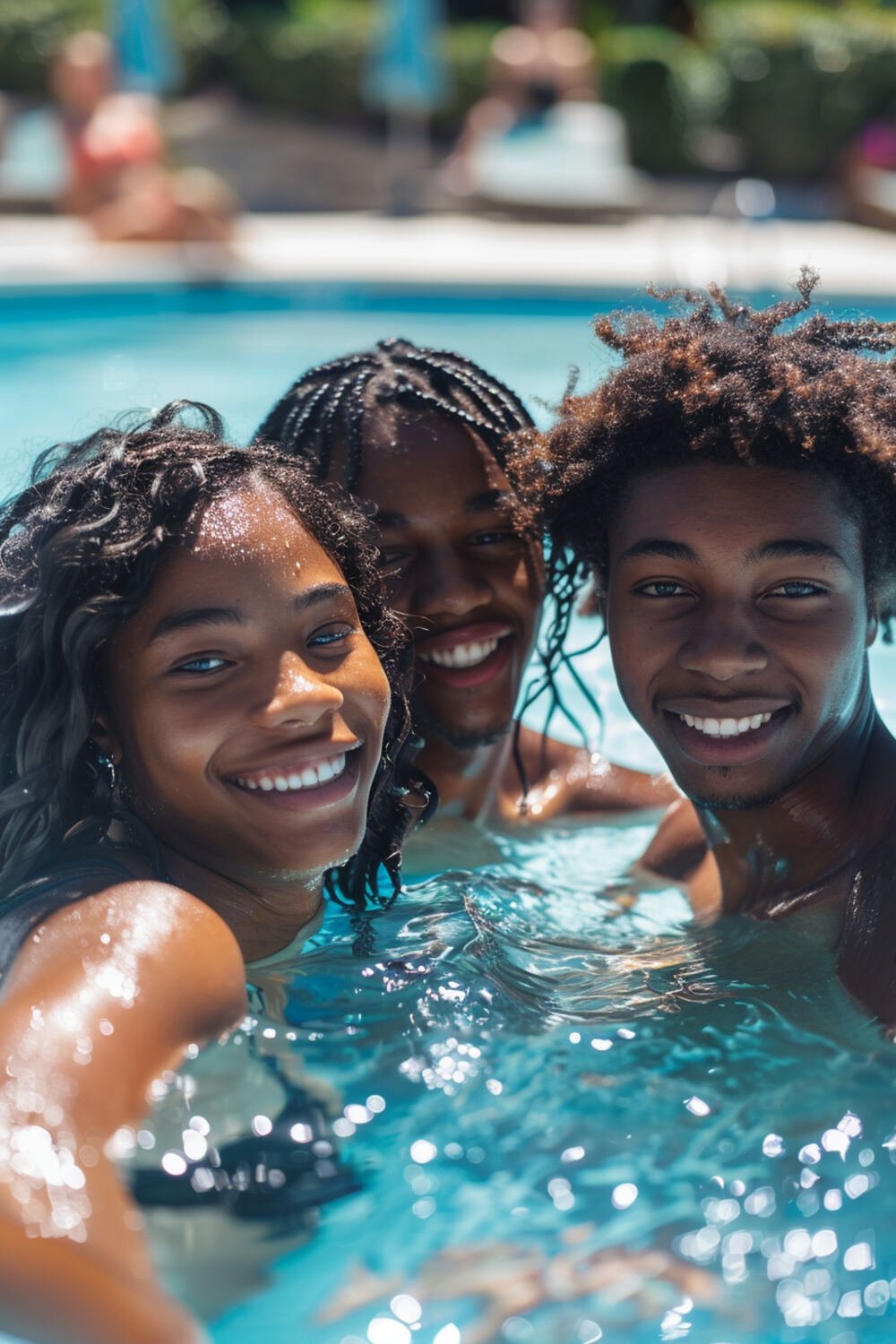 Groupe d'amis souriant à la piscine pendant la colonie de vacances