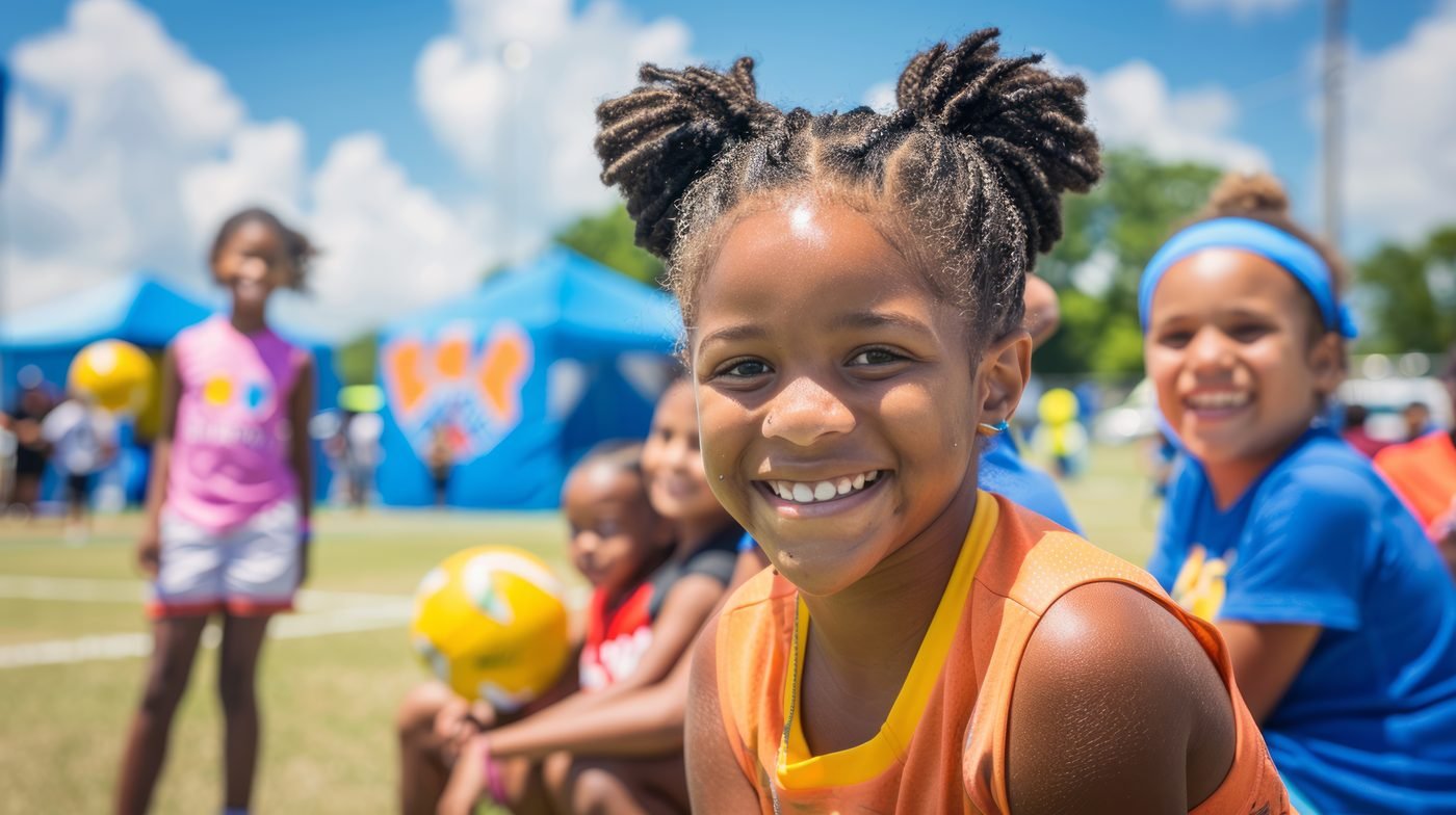 Jeune fille souriante lors d'une activité sportive collective en colonie
